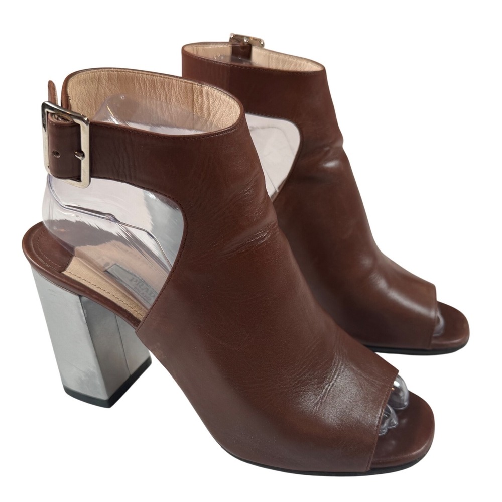 Prada Brown Leather Peep Toe Cutout Ankle Boots Silver Mirrored Block Heel Sz 38